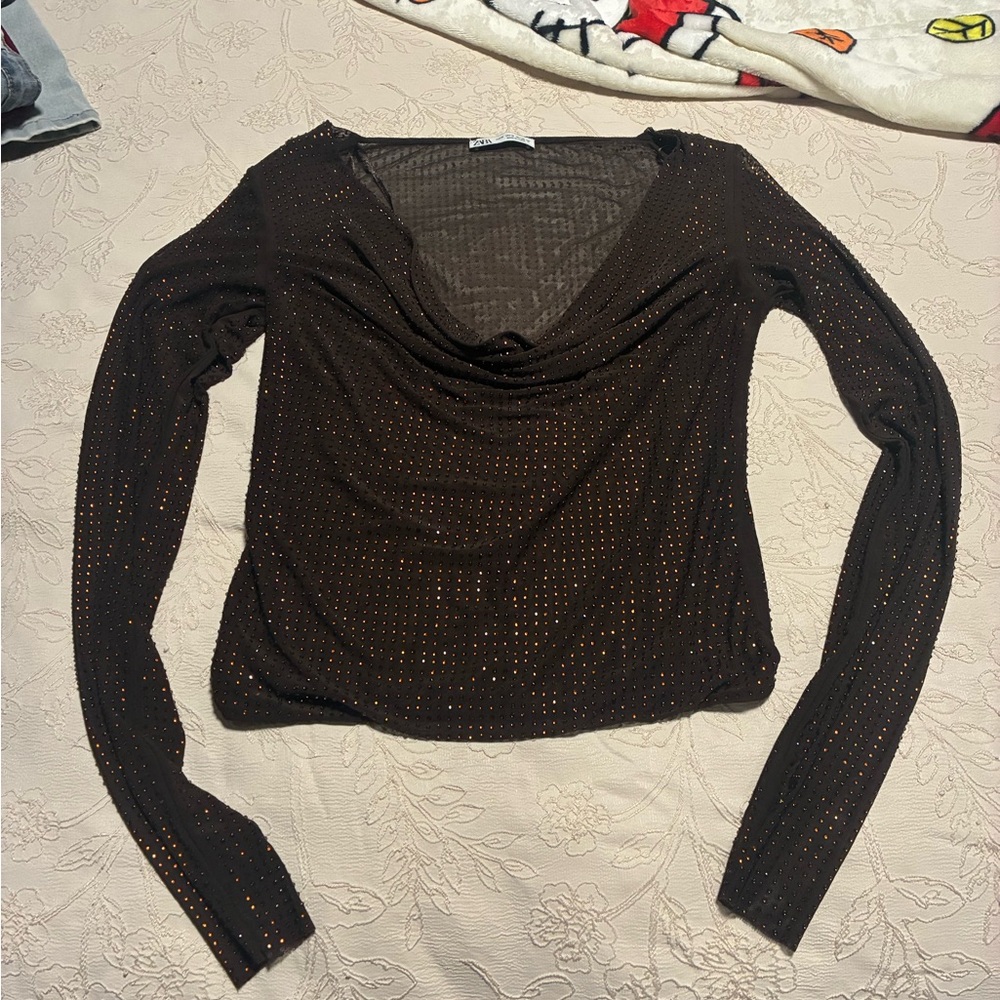 Zara Brown Long Sleeve Top with Gold Accents size M
